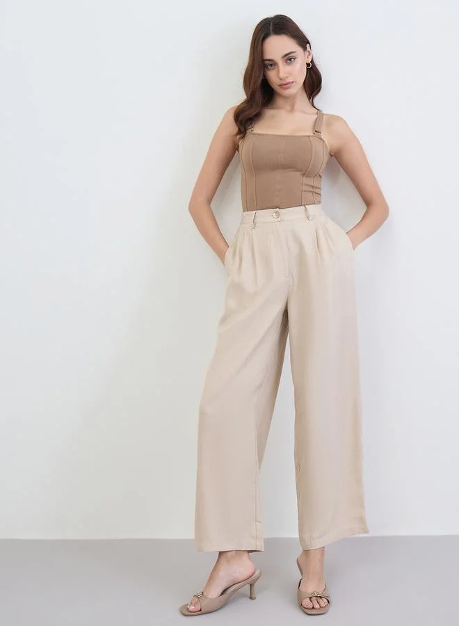 Styli  Women Beige Wide Leg Trousers for Women | Best Price UAE